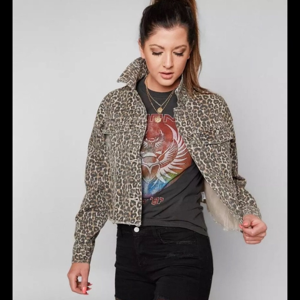 Free People Leopard Print Crop Cutoff Denim Jacket In Neutral Combo